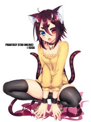 Rule 34 | 1girl, :o, ahoge, animal ears, bad id, bad pixiv id, bell, between legs, black shorts, black thighhighs, blue eyes, breasts, brown footwear, cat ears, cat tail, choker, company name, copyright name, eyelashes, fang, fingernails, full body, hair between eyes, hair ornament, hand between legs, heterochromia, highres, lens flare, long fingernails, long hair, looking at viewer, mole, mole under eye, multiple tails, nail polish, neck bell, open mouth, phantasy star, phantasy star online 2, red eyes, red hair, sega, shadow, shiny skin, shoes, short eyebrows, short shorts, shorts, simple background, sleeves past elbows, slit pupils, small breasts, solo, sparkle, squatting, tail, thighhighs, two tails, very long hair, white background, white nails, wristband, yutazou