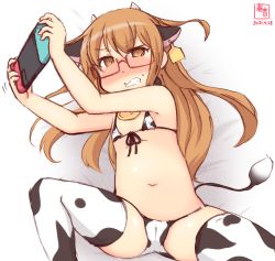 Rule 34 | 1girl, alternate costume, animal print, artist logo, bikini, brown eyes, brown hair, cameltoe, commentary request, cow print, cowboy shot, dated, front-tie top, handheld game console, highres, holding, holding handheld game console, kanon (kurogane knights), kantai collection, long hair, looking at viewer, lying, micro bikini, mochizuki (kancolle), nintendo switch, one-hour drawing challenge, red-framed eyewear, simple background, solo, swimsuit, thighhighs, white background, white bikini, white thighhighs
