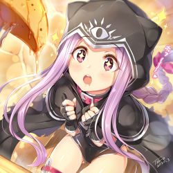 Rule 34 | 1girl, aged down, black capelet, black cloak, black gloves, black leotard, blush, breasts, capelet, cloak, collar, covered navel, fate/grand order, fate (series), fingerless gloves, food, fork, gloves, highres, hood, hood up, hooded cloak, leotard, long braid, long hair, medusa (fate), medusa (lancer) (fate), medusa (rider) (fate), open mouth, pancake, parted bangs, purple eyes, purple hair, red collar, rider, sidelocks, solo, sparkle, syrup, tel-o, thighs, very long hair