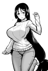 Rule 34 | blush, breasts, clenched hands, contemporary, denim, fate/grand order, fate (series), flying sweatdrops, greyscale, highres, huge breasts, jeans, kanno takanori, leg up, long hair, low-tied long hair, minamoto no raikou (fate), monochrome, open mouth, pants, ribbed sweater, simple background, socks, solo, standing, standing on one leg, sweater, turtleneck, turtleneck sweater, very long hair, white background