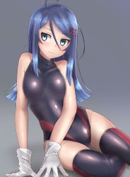 Rule 34 | 1girl, :|, bare arms, bare shoulders, blue eyes, blue hair, blush, closed mouth, competition swimsuit, copyright request, gloves, gradient background, grey background, gun, hair between eyes, hair ornament, hairclip, handgun, highleg, highleg swimsuit, highres, matching hair/eyes, one-piece swimsuit, original, paravene, personification, shiny clothes, sitting, skin tight, skindentation, solo, swimsuit, thighhighs, tsubame (paravene), weapon, white gloves, zettai ryouiki