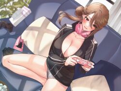 Rule 34 | 1girl, black jacket, blush, breasts, brown eyes, brown hair, cleavage, controller, game controller, highres, jacket, large breasts, long hair, long sleeves, looking at viewer, open mouth, original, sino42, smile, solo