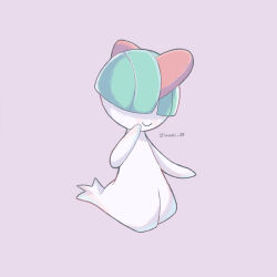 Rule 34 | artist name, closed mouth, colored skin, commentary request, creatures (company), game freak, gen 3 pokemon, green hair, highres, iwasi 29, nintendo, pokemon, pokemon (creature), purple background, ralts, simple background, smile, twitter username, white skin