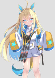 Rule 34 | 1girl, absurdres, aged down, ahoge, animal ears, blonde hair, blue eyes, blue hair, breasts, character name, cleavage, colored inner hair, commentary request, ear ornament, gradient hair, grey background, hair between eyes, hair ornament, highres, horse ears, horse girl, jacket, kudo (user dzch8572), long hair, long sleeves, looking at viewer, multicolored hair, neo universe (umamusume), partial commentary, simple background, sleeves past fingers, sleeves past wrists, small breasts, solo, two-tone hair, umamusume