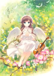 Rule 34 | 1girl, ahoge, angel, blue eyes, blush, brown hair, commentary request, dress, fingerless gloves, flower, gloves, grass, instrument, interlocked fingers, long hair, looking at viewer, mimosa (flower), musical note, original, own hands together, parted lips, pink flower, santa matsuri, sitting, solo, violin, white dress, white flower, white gloves, white wings, wings, yellow flower
