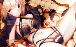 Rule 34 | 1girl, apple, artoria pendragon (all), artoria pendragon (fate), atha (leejuiping), black bra, black panties, blonde hair, blush, bra, breasts, cloak, closed mouth, criss-cross halter, fate/grand order, fate (series), food, fruit, grapes, halterneck, heart, heart print, highres, lingerie, looking at viewer, lying, medium breasts, navel, on back, panties, saber alter, sidelocks, solo, thighs, underwear, yellow eyes