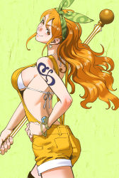 Rule 34 | 1girl, absurdres, backless outfit, bare shoulders, bikini, bracelet, breasts, cowboy shot, earrings, green background, hair ribbon, highres, jewelry, long hair, looking at viewer, looking back, medium breasts, moruga, nami (one piece), one piece, orange eyes, orange hair, overalls, ribbon, sideboob, smile, solo, swimsuit, swimsuit under clothes, tattoo, wavy hair, white bikini