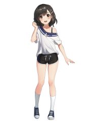 Rule 34 | 1girl, absurdres, ankle socks, black shorts, collared shirt, drawstring, full body, highres, light blush, looking at viewer, loose clothes, loose shirt, open mouth, original, rang go, shirt, shoes, short hair, short sleeves, shorts, simple background, smile, sneakers, socks, solo, standing, tareme, teeth, upper teeth only, white background, white shirt, white socks