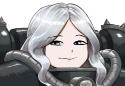 Rule 34 | 1girl, adepta sororitas, armor, closed mouth, commission, grey eyes, grey hair, long hair, looking at viewer, lutherniel, parted bangs, pauldrons, shoulder armor, simple background, smile, solo, warhammer 40k, white background
