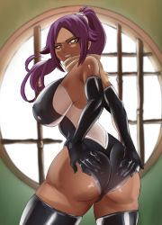 Rule 34 | 1girl, ass, ass grab, bare shoulders, bleach, breasts, come hither, dark-skinned female, dark skin, deep skin, elbow gloves, from behind, gloves, highres, huge ass, large breasts, leotard, long hair, looking at viewer, omanju25, open mouth, ponytail, purple hair, shihouin yoruichi, shiny clothes, shiny skin, sideboob, smile, solo, thick thighs, thighhighs, thighs, yellow eyes