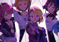 Rule 34 | 4girls, arm belt, black skirt, blonde hair, bow, brown hair, character request, commentary request, earrings, flower, grin, hair between eyes, hair bow, hand up, heart, heart-shaped pupils, holysnow, index finger raised, jacket, jewelry, long sleeves, looking at viewer, multiple girls, ponytail, purple eyes, purple flower, purple rose, red eyes, red hair, rose, shirt, skirt, smile, symbol-shaped pupils, tokyo 7th sisters, white shirt