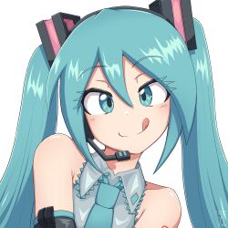 Rule 34 | 1girl, :q, aqua eyes, aqua hair, aqua necktie, black sleeves, commentary, detached sleeves, digiral, english commentary, hair between eyes, hair ornament, hatsune miku, headset, highres, long hair, looking at viewer, necktie, tongue, tongue out, twintails, very long hair, vocaloid, white background