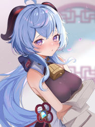 Rule 34 | 1girl, absurdres, ahoge, bare shoulders, bell, blue hair, blush, breasts, chinese knot, flower knot, ganyu (genshin impact), genshin impact, highres, holding, holding paper, horns, long hair, looking at viewer, low ponytail, medium breasts, neck bell, no gloves, no shoes, nose blush, oguraponti, paper, purple eyes, sidelocks, sleeveless, solo, upper body, vision (genshin impact)