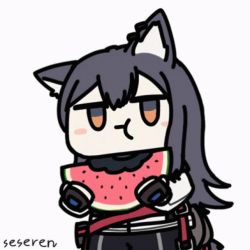 Rule 34 | 1girl, animal ears, animated, animated gif, arknights, chewing, eating, food, fruit, lowres, seseren, texas (arknights), watermelon