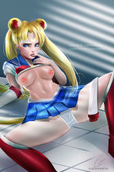 Rule 34 | 10s, 1girl, artist name, bishoujo senshi sailor moon, bishoujo senshi sailor moon crystal, blonde hair, blue eyes, boots, breasts, clothes lift, double bun, facial mark, finger in own mouth, freckles, hair bun, nipples, panties, parted lips, sailor moon, shirt lift, skirt, solo, tsukino usagi, twintails, underwear, watermark, web address