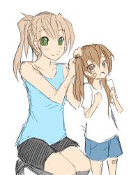 Rule 34 | 10s, 2girls, adjusting hair, age difference, amputee, bandaid, bare shoulders, brown eyes, brown hair, child, green eyes, hair bobbles, hair ornament, ibarazaki emi, if they mated, katawa shoujo, mother and daughter, multiple girls, aged up, prosthesis, shirt, shorts, t-shirt, tank top, twintails, twrlare