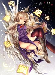 Rule 34 | 1girl, boots, bow, bowtie, breasts, brooch, brown jacket, brown thighhighs, covering own mouth, dress, feathered wings, flower, grey footwear, half updo, houdukixx, jacket, jewelry, kanji, kishin sagume, knee boots, looking at viewer, medium breasts, open clothes, open jacket, over-kneehighs, purple dress, red bow, red bowtie, red eyes, short hair, silver hair, single wing, solo, thighhighs, touhou, white wings, wings