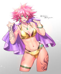 Rule 34 | 1girl, alternate costume, bikini, blue eyes, bracelet, breasts, capcom, highres, jewelry, medium breasts, necklace, poison (final fight), short hair, solo, spiked hair, street fighter, swimsuit, tattoo, tombsakura, toned