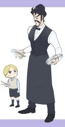 Rule 34 | 2boys, aboutama, alternate costume, bebinn, black eyes, black vest, blonde hair, blue eyes, blush, bow, bowtie, butler, child, daida, facial hair, frown, full body, hair strand, highres, holding, holding knife, knife, looking at another, male focus, motion blur, motion lines, multiple boys, mustache, ousama ranking, short hair, thick eyebrows, vest, white background