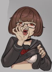 Rule 34 | 1girl, blush, bra, breasts, brown eyes, brown hair, chance8000, clothes lift, fellatio gesture, glasses, highres, lifted by self, looking at viewer, medium breasts, open mouth, original, saliva, school uniform, sexually suggestive, short hair, tongue, underwear, white bra