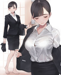Rule 34 | 1girl, absurdres, barefoot, black eyes, black footwear, black hair, black skirt, blush, breasts, closed mouth, collared shirt, commentary request, formal, highres, holding, holding shoes, koh (minagi kou), large breasts, looking to the side, multiple views, office lady, original, parted bangs, shirt, shoes, short hair, skirt, skirt suit, standing, suit, undressing, white shirt