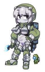 Rule 34 | 1girl, alien, black eyes, bodysuit, boots, breasts, cleft of venus, closed mouth, colored skin, contrapposto, creature and personification, detached sleeves, full body, gloves, green gloves, green sleeves, grey hair, grey skin, hand on own hip, holding, holding wrench, large breasts, long sleeves, martian engineer, no nose, nyong nyong, personification, purple pussy, pussy, short hair, simple background, solo, standing, terraria, thigh boots, torn bodysuit, torn clothes, uncensored, white background, wrench