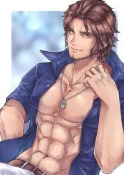 Rule 34 | 1boy, abs, absurdres, belmond banderas, belt, blue shirt, brown belt, brown eyes, brown hair, closed mouth, collarbone, collared shirt, commentary request, dress shirt, facial hair, highres, male focus, nijisanji, open clothes, open shirt, pants, parted bangs, shirt, short sleeves, smile, solo, stubble, thick eyebrows, townoise, v-shaped eyebrows, virtual youtuber, white pants