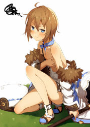 Rule 34 | 10s, 1girl, bare legs, bare shoulders, blanc (neptunia), blue eyes, brown hair, covering privates, covering breasts, flat chest, fur trim, grass, hat, unworn hat, unworn headwear, kinta (distortion), long legs, looking at viewer, neptune (series), on one knee, short hair, solo, squiggle, torn clothes, tsurime, wavy mouth, white background