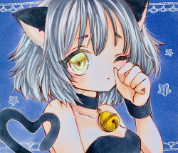 Rule 34 | 1girl, animal ears, bare shoulders, bell, black choker, cat ears, cat girl, cat tail, choker, close-up, collarbone, commentary request, grey hair, highres, marker (medium), neck bell, one eye closed, original, short hair, solo, tail, traditional media, wrist cuffs, yellow eyes, yuuki hana (jtnp5334)