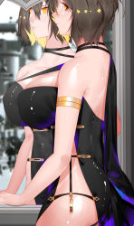 Rule 34 | 1girl, absurdres, armlet, ass, asymmetrical clothes, azur lane, baltimore (azur lane), baltimore (evening breeze minuet) (azur lane), bare shoulders, black cape, black dress, blue cape, breasts, brown hair, cape, cleavage, closed mouth, commentary request, covered erect nipples, dress, evening gown, hair between eyes, highres, large breasts, mirror, reflection, short hair, side slit, sideboob, single bare shoulder, standing, strap gap, thighs, two-tone cape, yellow eyes, yinqianren