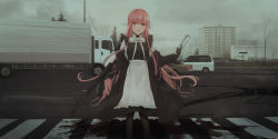 Rule 34 | 1girl, :d, aek-971, apartment, apron, assault rifle, black dress, black gloves, black jacket, black pantyhose, blood, bottle, brown eyes, building, car, chihuri, cloud, cloudy sky, commentary request, dress, frilled apron, frills, gloves, gun, hair between eyes, hair ribbon, highres, holding, holding bottle, holding gun, holding weapon, jacket, long hair, long sleeves, looking at viewer, motor vehicle, off shoulder, open clothes, open jacket, open mouth, original, outdoors, overcast, pantyhose, pink hair, power lines, ribbon, rifle, road sign, shirt, sign, sky, sleeveless, sleeveless dress, smile, solo, tree, truck, utility pole, very long hair, waist apron, weapon, weapon request, white apron, white ribbon, white shirt, yana (chihuri)