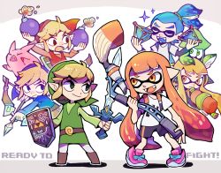 Rule 34 | 2girls, 4boys, arrow (projectile), belt, blonde hair, bomb, boots, bow (weapon), explosive, fangs, hat, ink tank (splatoon), inkbrush (splatoon), inkling, inkling boy, inkling girl, inkling player character, link, looking at another, master sword, multiple boys, multiple girls, multiple persona, nintendo, open mouth, pig, pointy ears, shoes, smile, sneakers, sparkle, splat bomb (splatoon), splatoon (series), splatoon 1, splattershot (splatoon), standing, super smash bros., sword, teijiro, tentacle hair, the legend of zelda, the legend of zelda: the wind waker, toon link, weapon