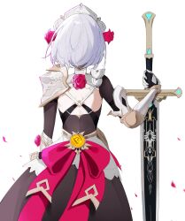 Rule 34 | 1girl, armor, back, chain, dress, favonius greatsword (genshin impact), flower, from behind, gauntlets, genshin impact, grey hair, hair flower, hair ornament, highres, holding, holding sword, holding weapon, maid, maid headdress, nirako mona, noelle (genshin impact), red flower, red rose, rose, short hair, shoulder armor, simple background, solo, sword, vision (genshin impact), weapon, white background