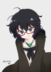 Rule 34 | 1girl, artist name, black eyes, black hair, black neckerchief, blouse, blush, closed mouth, commentary, girls und panzer, glasses, grey background, haori, highres, japanese clothes, leaning forward, light blush, looking at viewer, medium hair, messy hair, neckerchief, one-hour drawing challenge, ooarai school uniform, oryou (girls und panzer), red-framed eyewear, school uniform, semi-rimless eyewear, serafuku, shirt, short ponytail, signature, simple background, smile, solo, standing, twitter username, umxzo, under-rim eyewear, upper body, white shirt