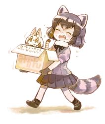 Rule 34 | 10s, 2girls, aged down, animal ears, black hair, blonde hair, blush, bow, bowtie, box, carrying, commentary request, common raccoon (kemono friends), elbow gloves, closed eyes, fang, flying sweatdrops, fur collar, gloves, grey hair, in box, in container, kemono friends, multicolored hair, multiple girls, nukoosama, open mouth, pantyhose, pleated skirt, puffy short sleeves, puffy sleeves, raccoon ears, raccoon tail, serval (kemono friends), serval print, serval tail, short sleeves, skirt, sweatdrop, tail, translation request, white hair