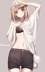 Rule 34 | 1girl, arm up, artist name, bag, black shorts, blush, bra, breasts, brown eyes, closed mouth, clothes lift, collarbone, commentary request, grey background, highres, huyunora, lifted by self, looking at viewer, medium breasts, navel, original, shirt, shirt lift, short shorts, short sleeves, shorts, signature, simple background, solo, stomach, twitter username, underwear, white shirt