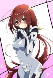 Rule 34 | 1girl, ahoge, blush, bodysuit, bright pupils, covered erect nipples, covered navel, embarrassed, fingers together, fortified suit, highres, kagami sumika, kamon rider, long hair, low ponytail, muv-luv, muv-luv alternative, muv-luv alternative (anime), pilot suit, red eyes, red hair, smile, solo, white pupils