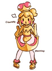 Rule 34 | 1girl, bare shoulders, bent over, boots, character name, choker, clenched hands, crown, crownette, dress, earrings, gold skin, highres, jewelry, mario (series), new super mario bros. u deluxe, nintendo, open mouth, pantyhose, personification, ponytail, scorsheep, sidelocks, solid oval eyes, solo, strapless, strapless dress, super crown, twitter username