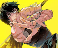 Rule 34 | 1girl, arms up, black cape, black hair, black shirt, brown eyes, cape, fighting stance, highres, holding, holding sword, holding weapon, jujutsu kaisen, looking at viewer, s o i, scar, scar on arm, scar on face, shirt, short hair, simple background, sleeveless, sleeveless shirt, smile, solo, sword, upper body, v-shaped eyebrows, weapon, yellow background, zen&#039;in maki