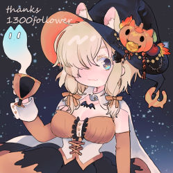 Rule 34 | 10s, 1girl, alpaca ears, alpaca suri (kemono friends), alternate costume, animal ears, apple, aqua eyes, arm at side, autumn leaves, blonde hair, candy, cape, closed mouth, corset, cup, detached sleeves, dress, ears through headwear, extra ears, food, fruit, ghost, hair over one eye, hair ribbon, halloween, halloween costume, hand up, hat, hat ornament, holding, holding cup, jack-o&#039;-lantern, jewelry, kemono friends, lollipop, looking at viewer, lucky beast (kemono friends), medium hair, night, night sky, noamem, pendant, pumpkin, ribbon, sky, smile, solo focus, star (sky), star (symbol), starry background, starry sky, strapless, strapless dress, thank you, upper body, witch, witch hat