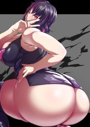 Rule 34 | 1girl, ass, bare shoulders, black hair, breasts, clenched teeth, commission, earrings, from behind, grey background, huge ass, huge breasts, jewelry, kandata nijou, looking at viewer, original, pink hair, short hair, solo, teeth, twintails, v