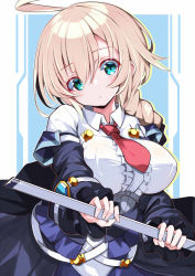 Rule 34 | 1girl, ahoge, belt, blazblue, blazblue: chronophantasma, blonde hair, blue background, blue eyes, blush, braid, breasts, buttons, es (xblaze), expressionless, feet out of frame, hair between eyes, highres, holding, holding sword, holding weapon, huge ahoge, large breasts, looking at viewer, necktie, omochishiki, parted lips, petticoat, red necktie, skirt, solo, sword, underbust, upper body, weapon, wide sleeves