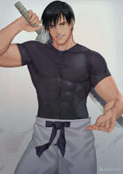 Rule 34 | 1boy, :d, arm up, artist name, bara, black hair, black shirt, commentary request, compression shirt, contrapposto, covered abs, covered collarbone, covered navel, covered pectorals, cowboy shot, fushiguro touji, grey pants, grin, highres, holding, holding sword, holding weapon, jujutsu kaisen, looking at viewer, male focus, muscular, muscular male, open hand, open mouth, pants, reaching, reaching towards viewer, sanpaku, scar, scar on face, scar on mouth, shirt, short hair, short sleeves, signature, smile, solo, standing, sword, sword behind back, taut clothes, taut shirt, twitter username, uhai, variant set, weapon