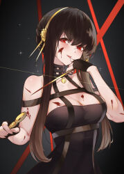 Rule 34 | 1girl, bare shoulders, black dress, black gloves, black hair, blood, blood on face, blush, breasts, cleavage, dagger, dress, dual wielding, fingerless gloves, gloves, gold hairband, hair ornament, hairband, highres, holding, knife, large breasts, long hair, looking at viewer, parted lips, red eyes, sidelocks, smile, solo, sparkle, spy x family, tongue, tongue out, ura illust, variant set, weapon, yor briar