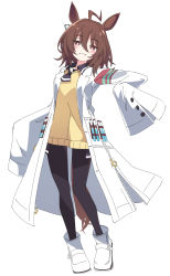 Rule 34 | agnes tachyon (umamusume), animal ears, brown hair, full body, horse ears, ixy, lab coat, looking at viewer, short hair, simple background, smile, standing, sweater vest, umamusume, white background, yellow sweater vest