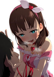 Rule 34 | 10s, 1boy, 1girl, bad id, bad pixiv id, bare shoulders, blue eyes, blush, brown hair, chikku (k2753), chocolate, chocolate on face, food, food on face, hairband, hand on another&#039;s face, heart, heart-shaped pupils, highres, idolmaster, idolmaster cinderella girls, looking at another, open mouth, producer (idolmaster), producer (idolmaster cinderella girls anime), ribbon, sakuma mayu, saliva, saliva trail, short hair, smile, symbol-shaped pupils