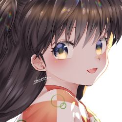 Rule 34 | 1girl, artist name, black hair, checkered clothes, checkered kimono, highres, inuyasha, japanese clothes, kimono, long hair, looking at viewer, open mouth, portrait, rin (inuyasha), side ponytail, smile, solo, tondamanuke, white background