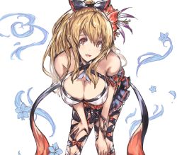 Rule 34 | 10s, 1girl, :d, bare shoulders, bent over, bikini, blonde hair, bow, breasts, cleavage, empty eyes, female focus, flower, granblue fantasy, hair bow, hair flower, hair ornament, highres, large breasts, long hair, moko (alice), open mouth, red eyes, simple background, smile, solo, swimsuit, thighhighs, vira (granblue fantasy), white background