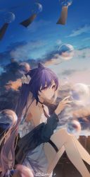 Rule 34 | 1girl, absurdres, artist name, bare shoulders, braid, bubble, choker, closed mouth, cone hair bun, dress, evening, genshin impact, hair bun, hand up, highres, jacket, jacket partially removed, keqing (genshin impact), long hair, long sleeves, purple hair, signature, smile, solo, swkl:d, thigh strap, twintails, white dress, wind chime