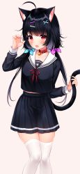 Rule 34 | 1girl, absurdres, ahoge, animal ears, beige background, bell, black hair, black shirt, black skirt, blush, bow, breasts, cat ears, cat girl, cat tail, claw pose, collar, collarbone, fang, feet out of frame, hair bow, hair ornament, hairclip, hand up, highres, jingle bell, long hair, long sleeves, looking at viewer, low twintails, medium breasts, miniskirt, open mouth, original, pleated skirt, polka dot, red collar, red eyes, ribbon, sailor collar, school uniform, serafuku, shirt, shouu-kun, simple background, skin fang, skindentation, skirt, smile, solo, tail, tail grab, thighhighs, twintails, white sailor collar, white thighhighs, x hair ornament, zettai ryouiki